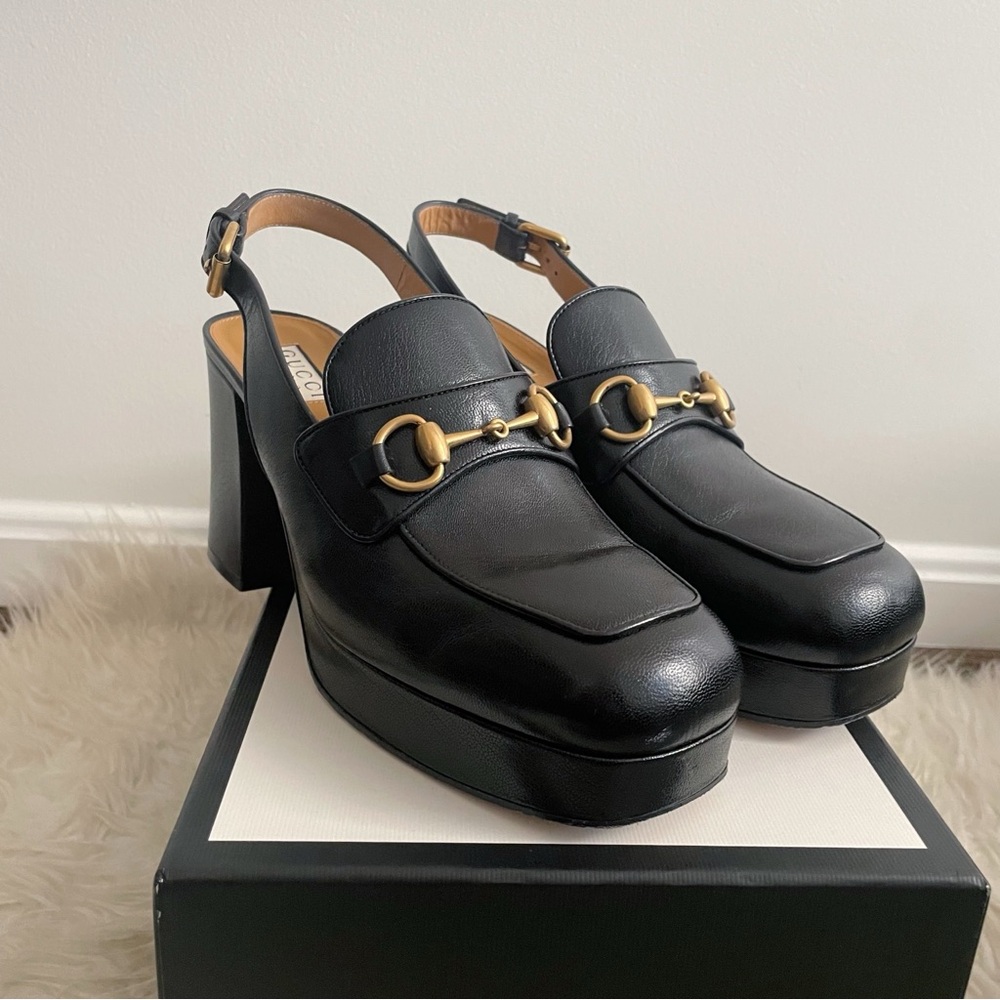 Gucci Horsebit 85mm Platform Pump Slingback Mule Black Leather 40.5
